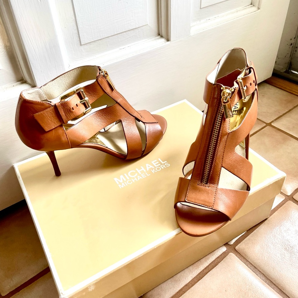 Michael Kors Brown Strappy Heels with Gold Zipper